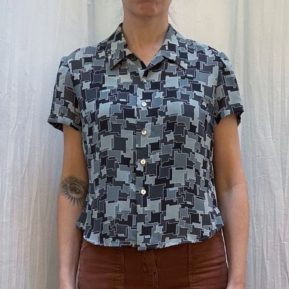 Blue Geometric Abstract Button Down Blouse Vintage 90s Jones New York